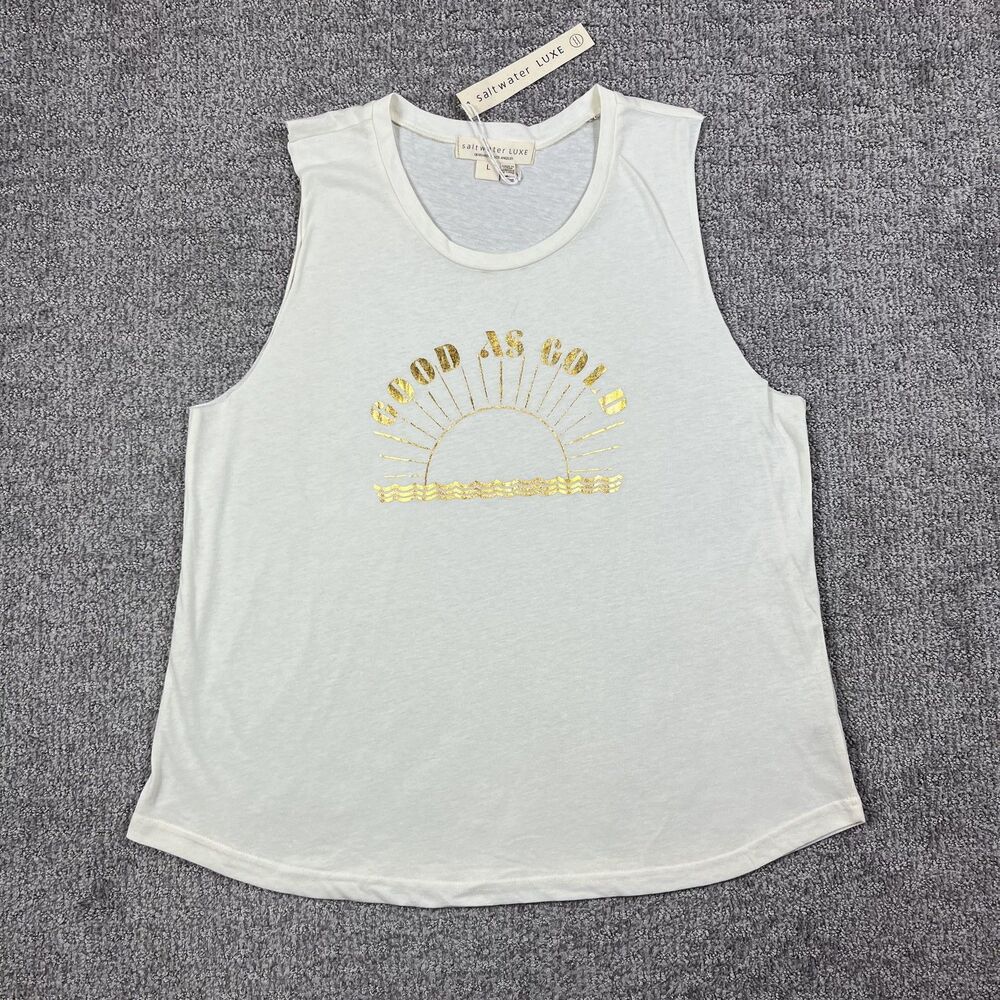 Saltwater Luxe Shirt Womens Large White Good As Gold Tank Top Graphic Beach - Picture 1 of 7